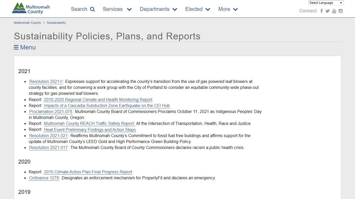 Sustainability Policies, Plans, and Reports | Multnomah County